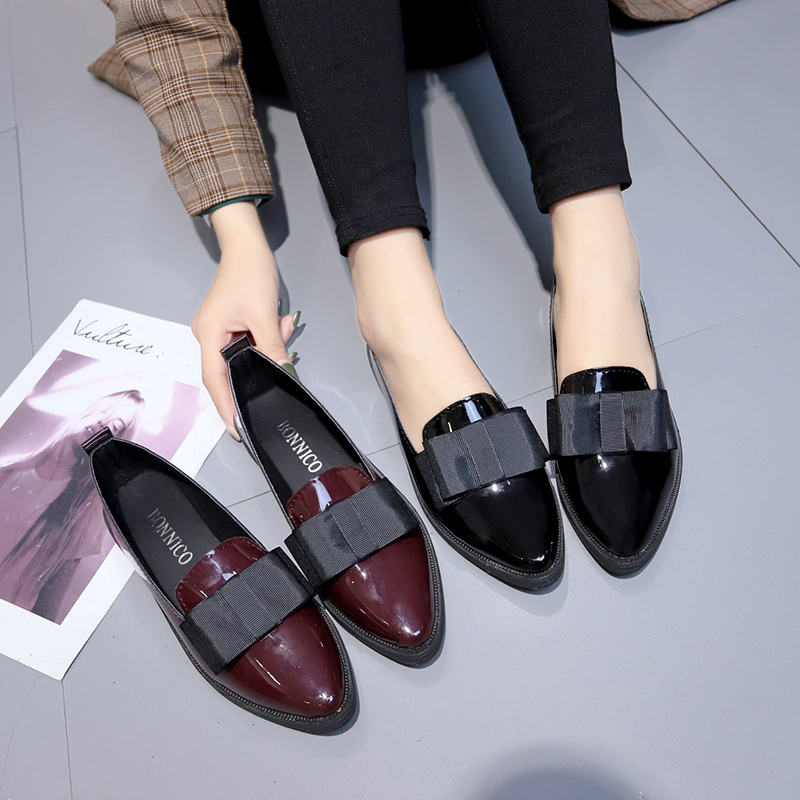 Women Shoes Black - Schwarze/Weinrote Lackleder-Spitzschuhe, Slipper mit Schleifenknoten, Vielseitige