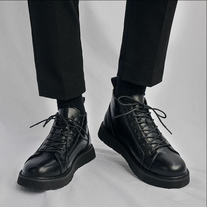 Women Shoes Hong Kong - Schwarze High-Top-Hübsche britische Motorrad-Lederschuhe aus Rindsleder
