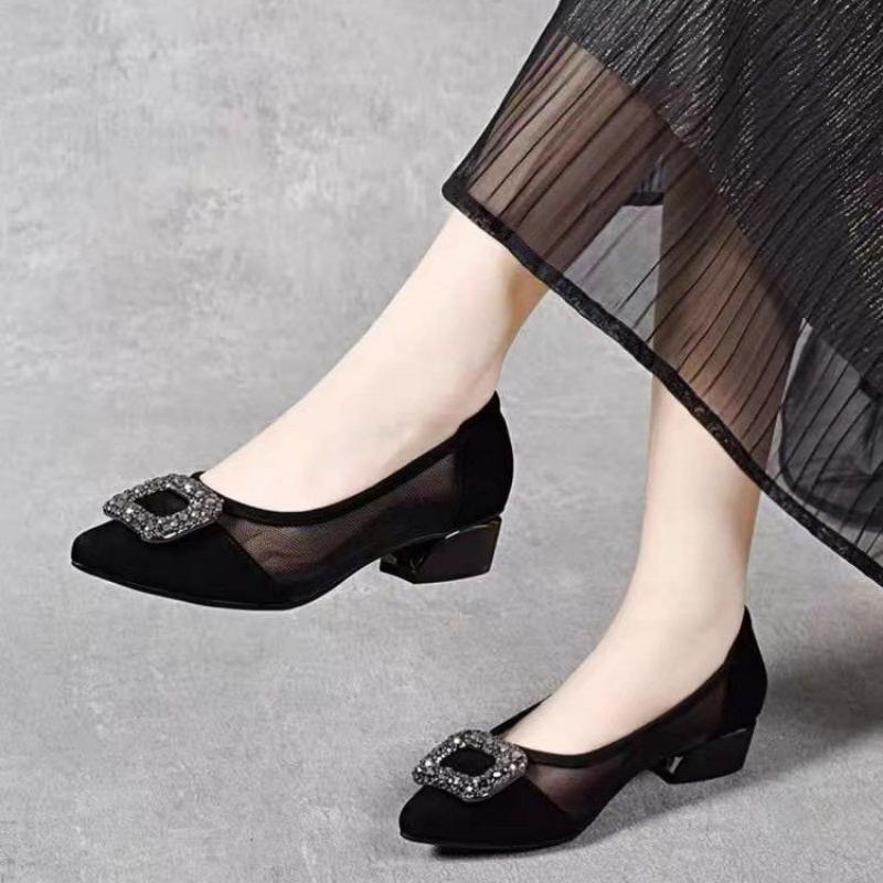 Women'S Heels - Elegante Spitze Mesh-Pumps mit Blockabsatz, Strass-Quadratschnalle